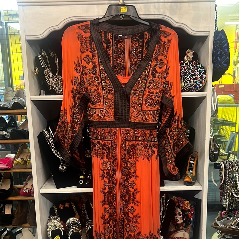 Elegant Orange and Black Embroidered Dress